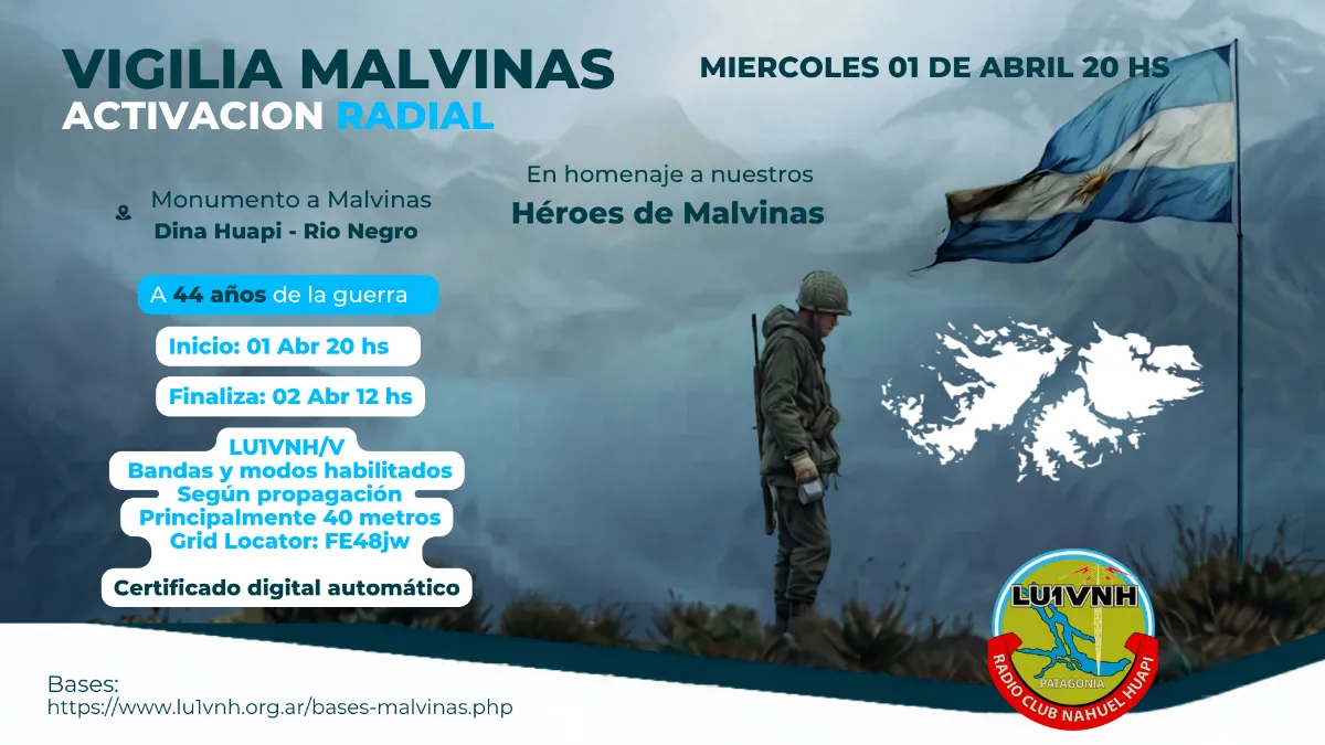 LU1VNH convoca a la “Vigilia por Malvinas” desde Dina Huapi, Rio Negro